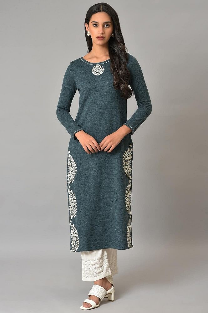 Buy Blue Embroidered Plus Size Winter Kurta Online - W for Woman